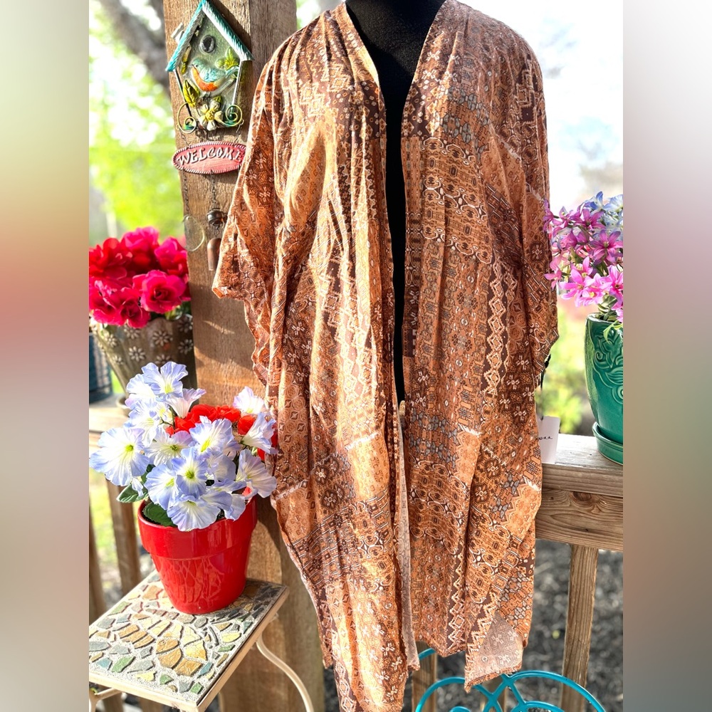 Japna Blush Tan Multi-Print Southwestern Vibe Open Front Loose Kimono Cardigan